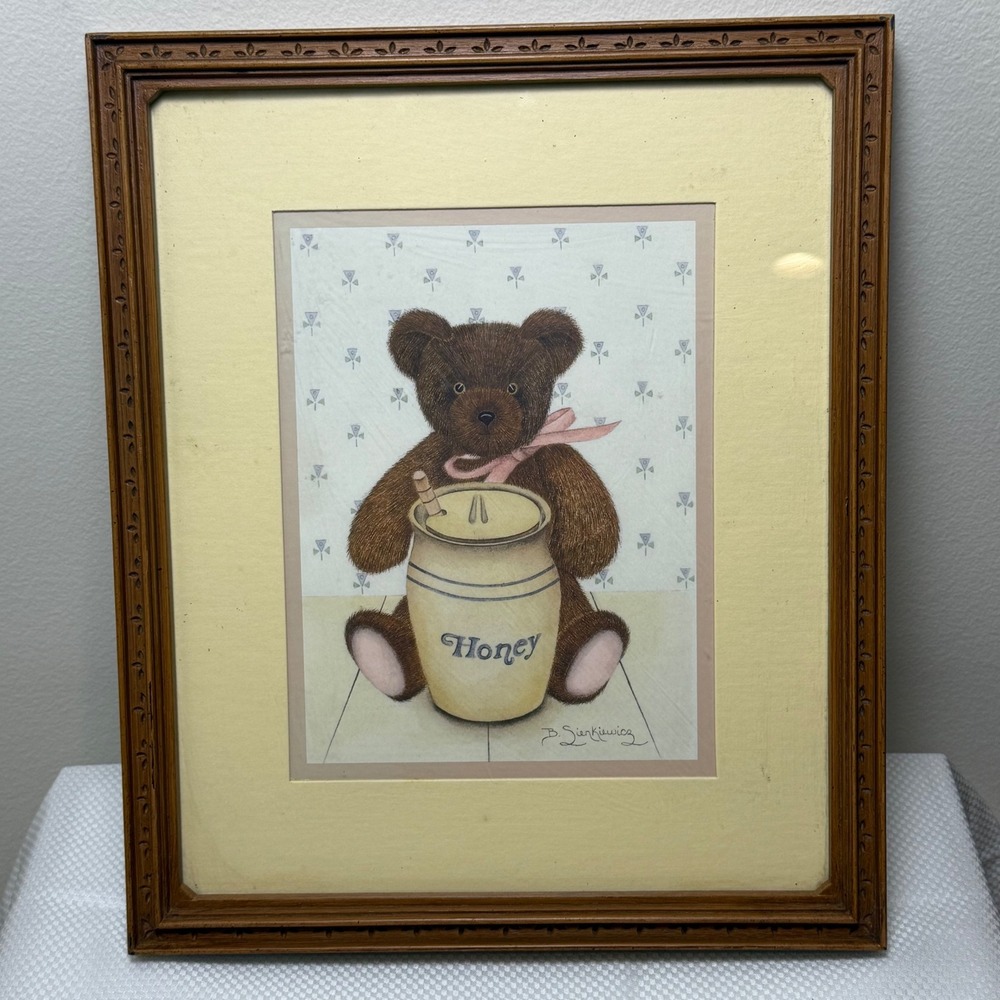 HOMCO Framed Teddy‎ Bear Honey Print B Sienkiewicz Signed Wood Frame 13x15